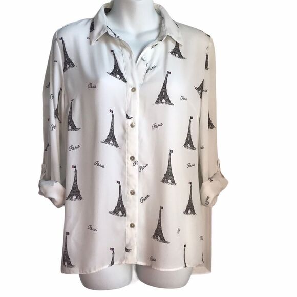 Forever 21 Paris Eiffel Graphic Print Tower Button Down Blouse White S - Picture 3 of 13